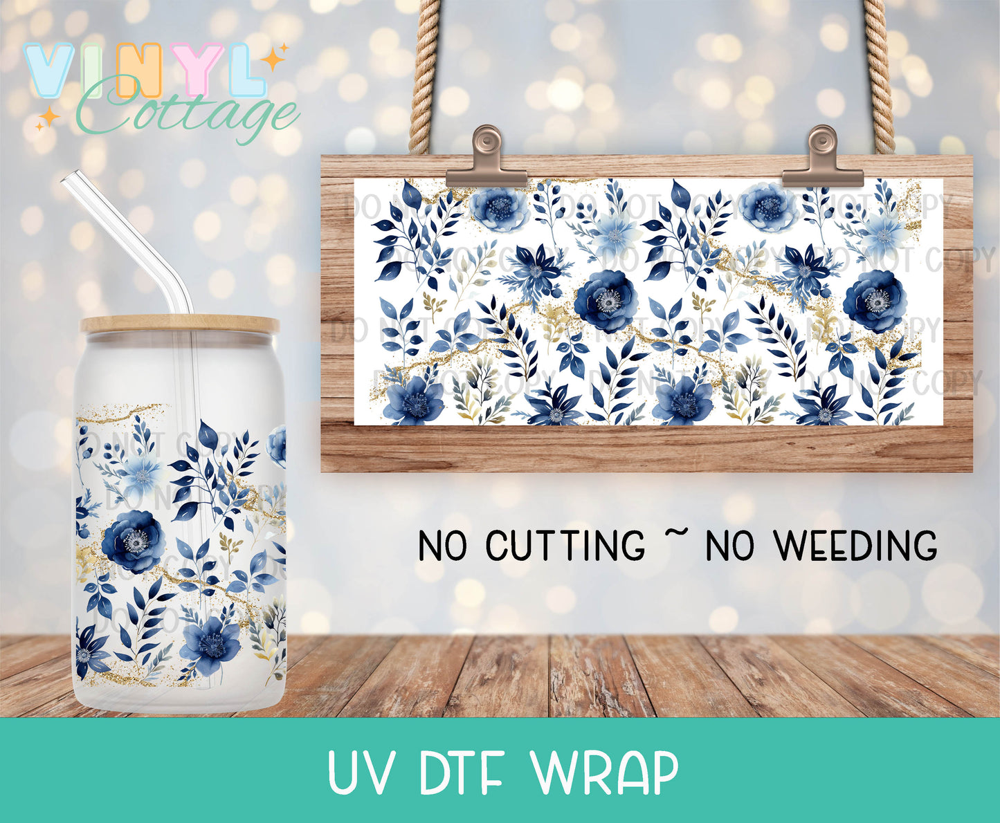 135UV ~ UV DTF Wrap ~ Blue and Gold Flowers