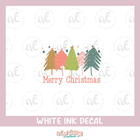 WC189 ~ White Ink Decal ~ Merry Christmas Trees