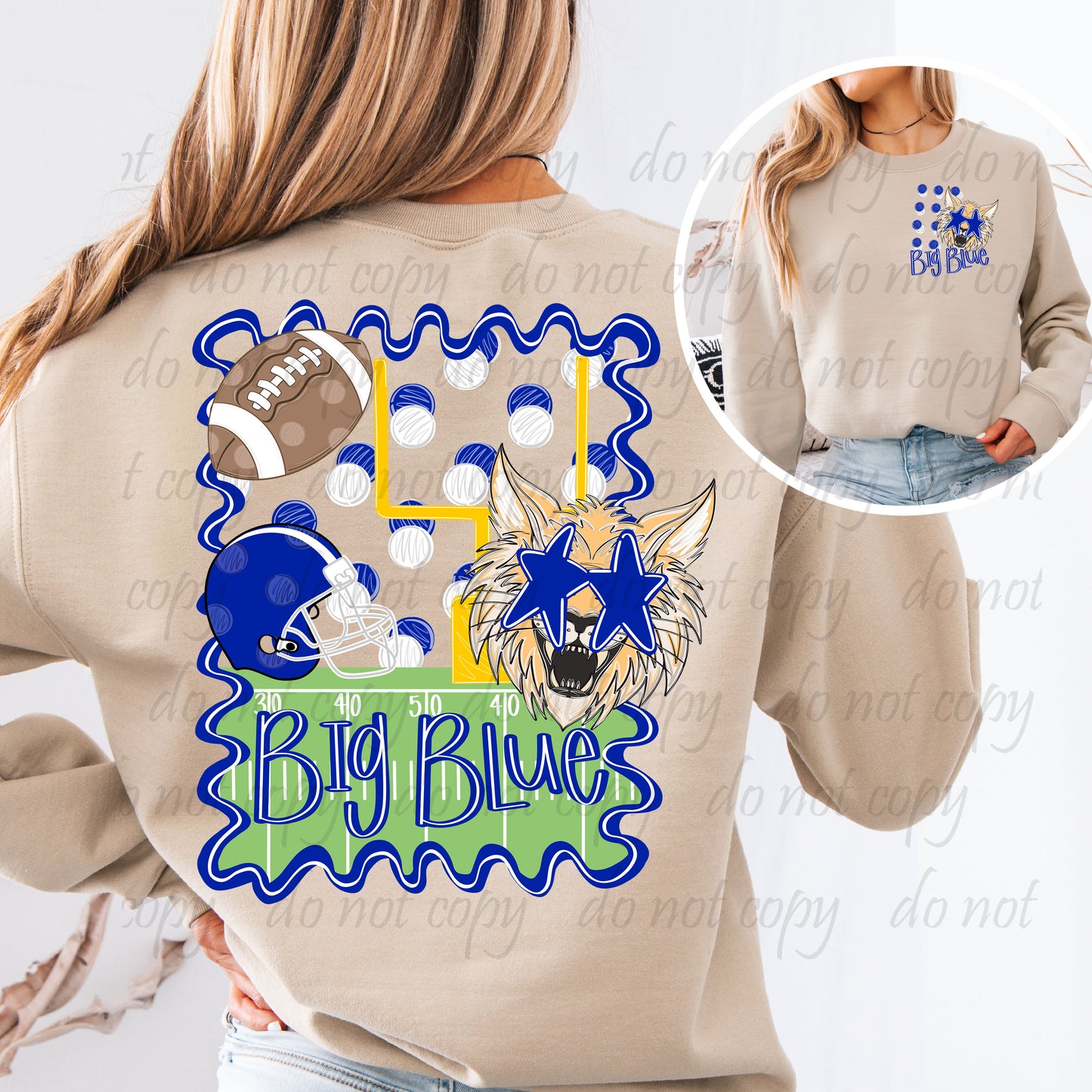 Blue Wildcat Squiggle Frame Mascot Back Design with Pocket Design ~ 25JKD07 ~ DTF Transfer
