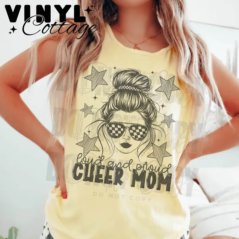 Loud and Proud Cheer Mom ~ Bun and Stars ~ DTF Transfer