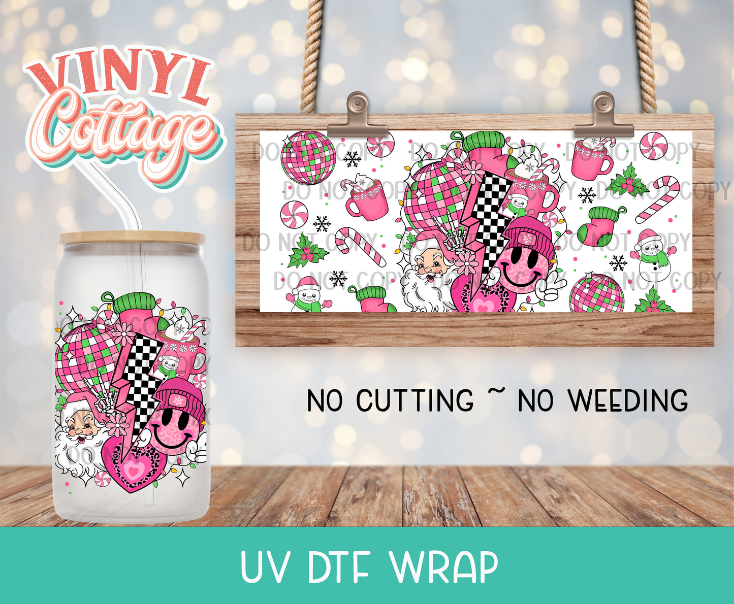 62UV ~ UV DTF Wrap ~ Pink Retro Christmas