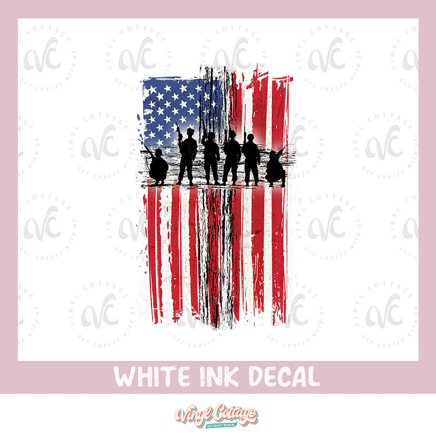 WC166 ~ White Ink Decal ~ Flag and Soldier Silhouette