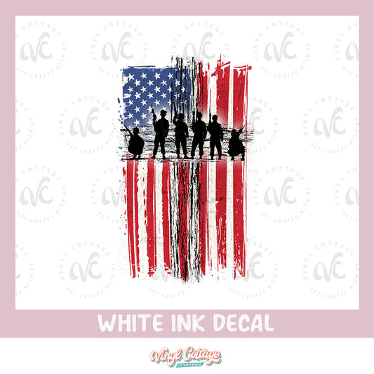 WC166 ~ White Ink Decal ~ Flag and Soldier Silhouette