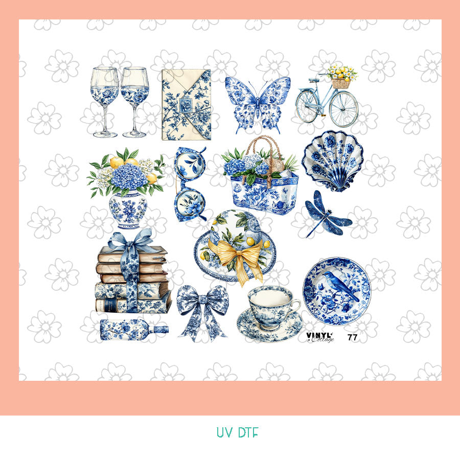 EL77 ~ Blue Toile ~ UV DTF Element Sheet