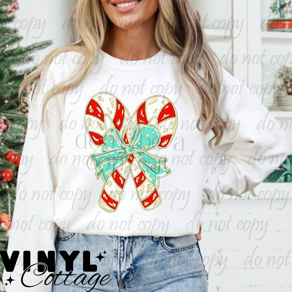 Candy Canes Teal Bow ~ DTF Transfer