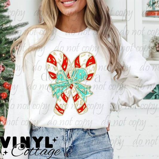 Candy Canes Teal Bow ~ DTF Transfer