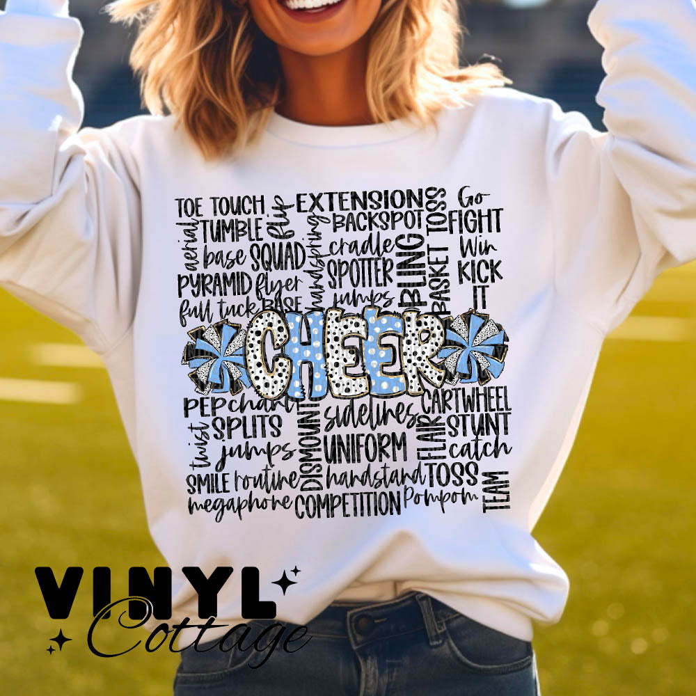Cheer Doodle ~ Columbia Blue and Black ~ DTF Transfer
