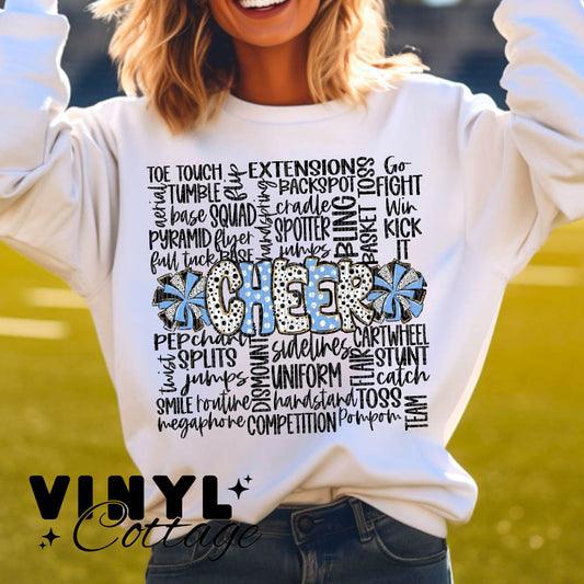 Cheer Doodle ~ Columbia Blue and Black ~ DTF Transfer