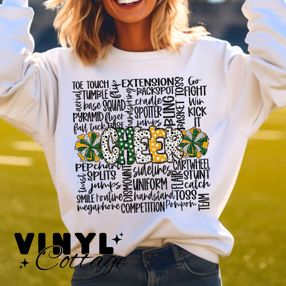 Cheer Doodle ~ Green and Gold ~ DTF Transfer