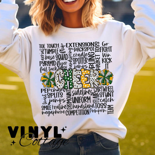Cheer Doodle ~ Green and Gold ~ DTF Transfer
