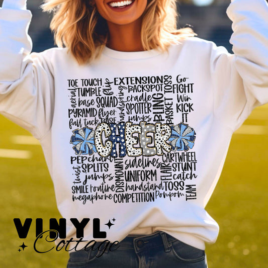 Cheer Doodle ~ Navy Blue and Columbia Blue ~ DTF Transfer