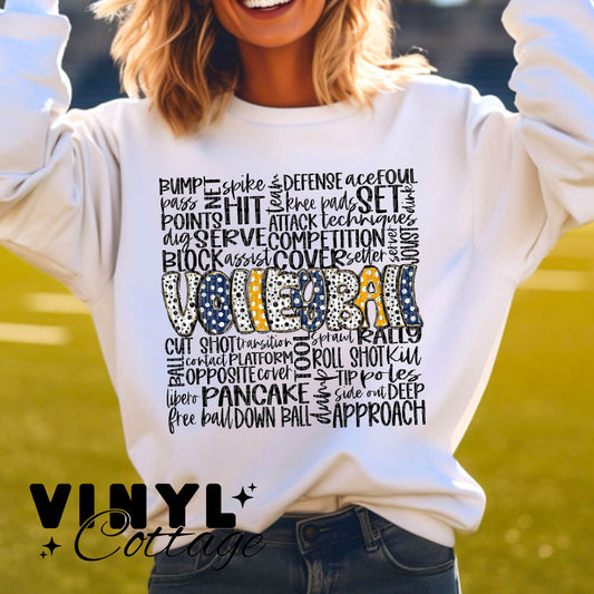 Volleyball Doodle ~ Navy Blue and Yellow ~ DTF Transfer