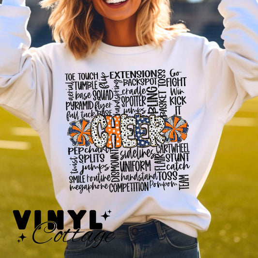 Cheer Doodle ~ Orange and Navy Blue ~ DTF Transfer