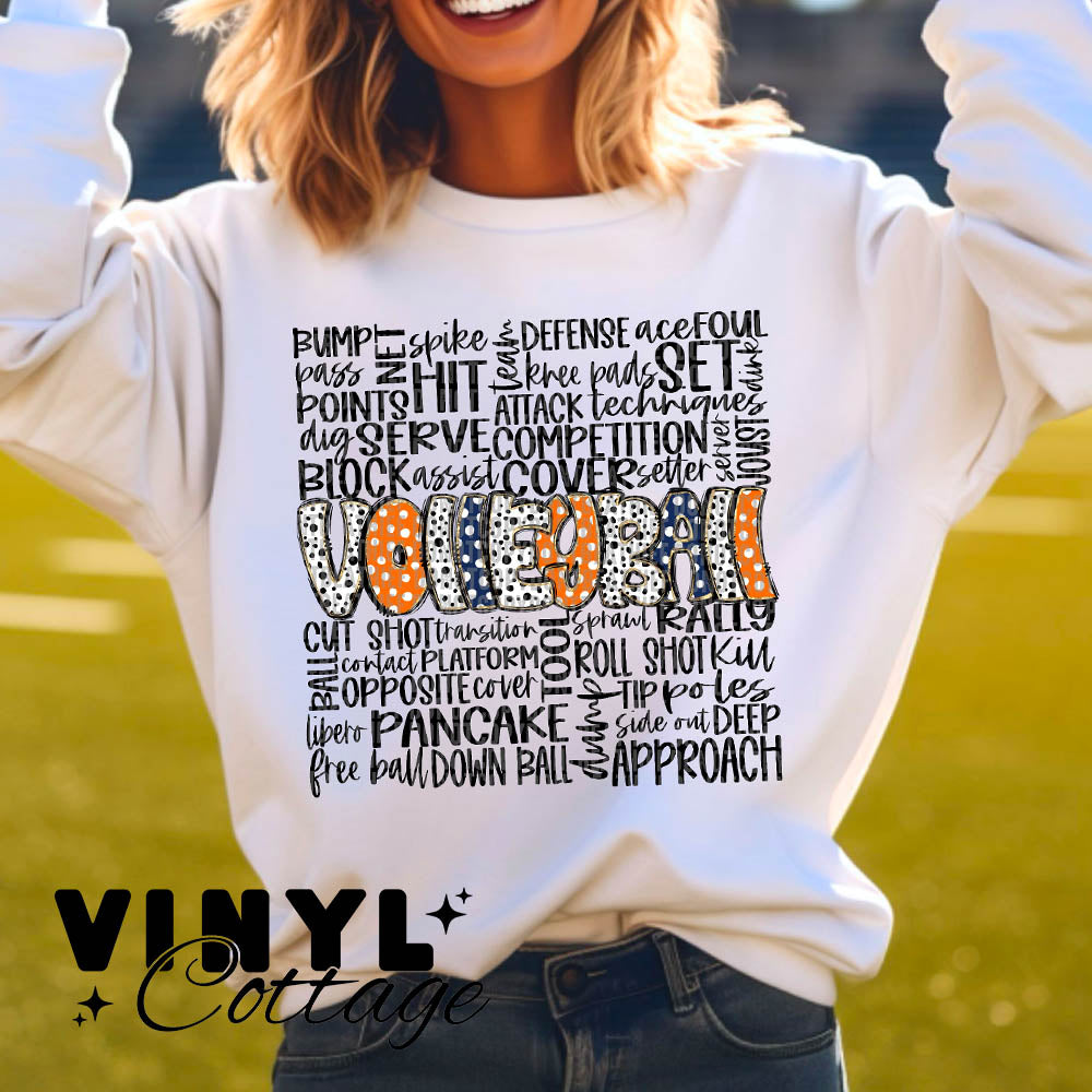 Volleyball Doodle ~ Orange and Navy Blue ~ DTF Transfer