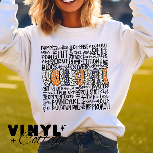 Volleyball Doodle ~ Orange and Navy Blue ~ DTF Transfer