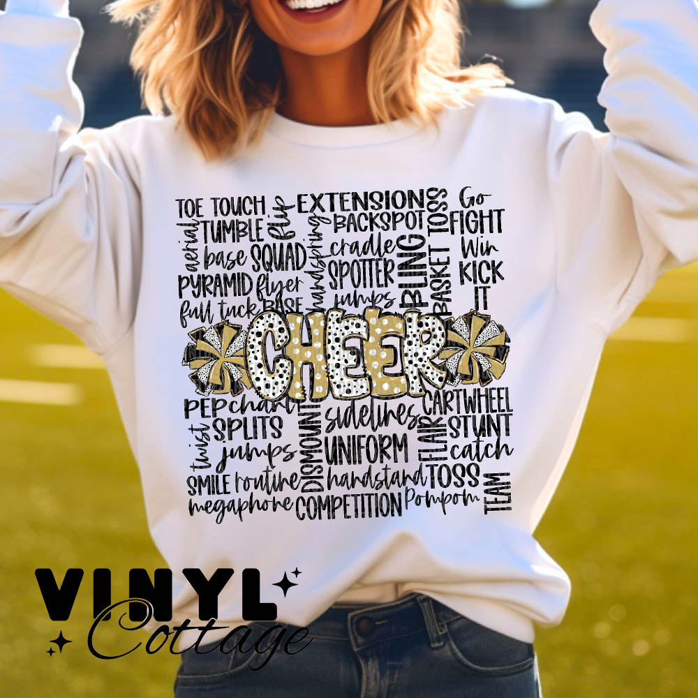 Cheer Doodle ~ Vegas Gold and Black ~ DTF Transfer