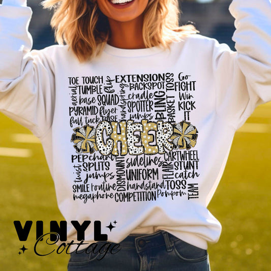 Cheer Doodle ~ Vegas Gold and Black ~ DTF Transfer
