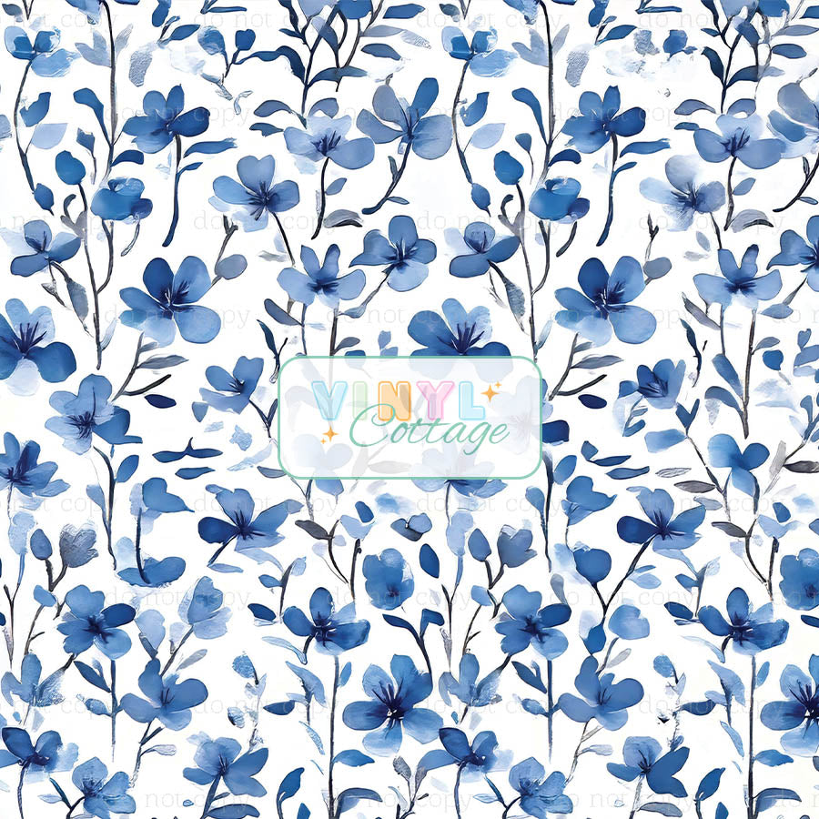 1514 ~ Blue Florals Adhesive Vinyl Sheet 10x10