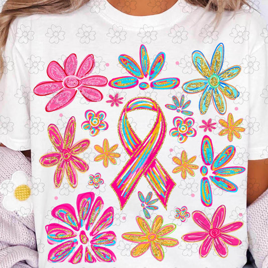 Boho Floral Pink Ribbon ~ 25ETS08 ~ DTF Transfer