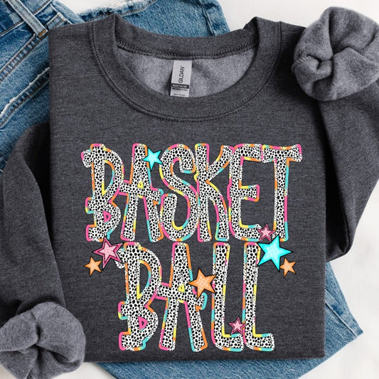 Gray sweatshirt with colorful 'Basket Ball' text on a white background