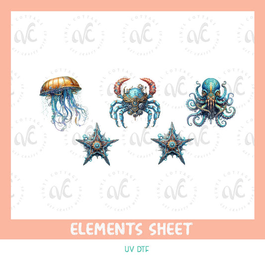 EL22 ~ Blue Steampunk Sea Life ~ UV DTF Element Sheet