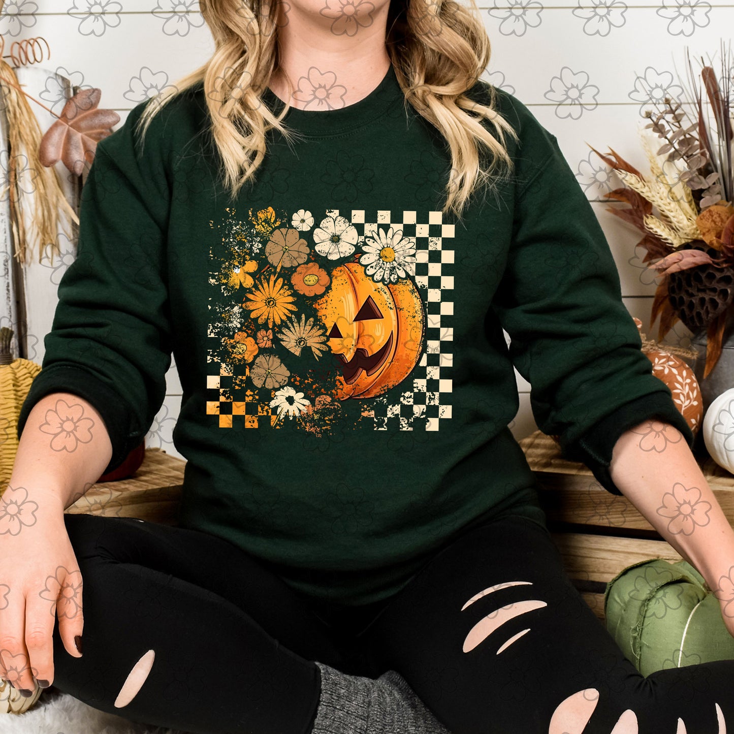 Fall Pumpkin and Flowers Distressed Checks ~ 25ETS09 ~ DTF Transfer