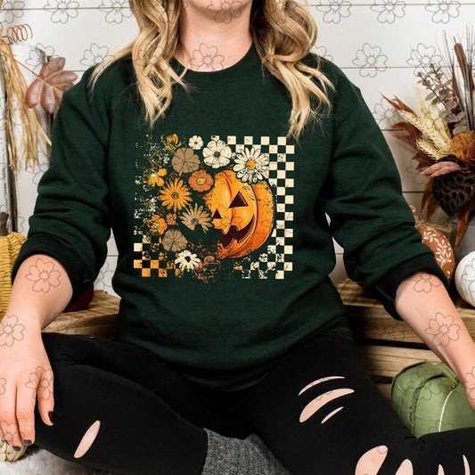 Fall Pumpkin and Flowers Distressed Checks ~ 25ETS09 ~ DTF Transfer