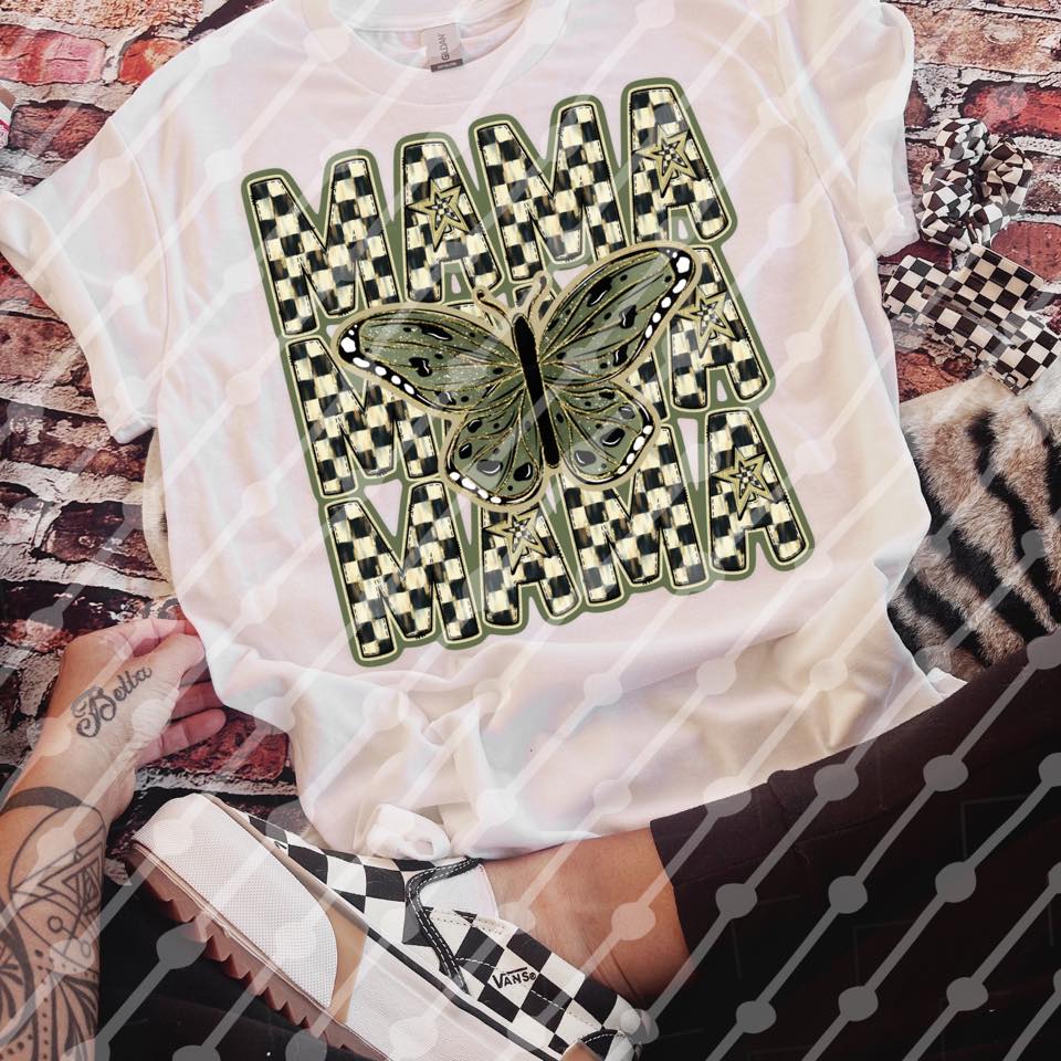 Mama Green Gold Checks Butterfly ~ DTF Transfer