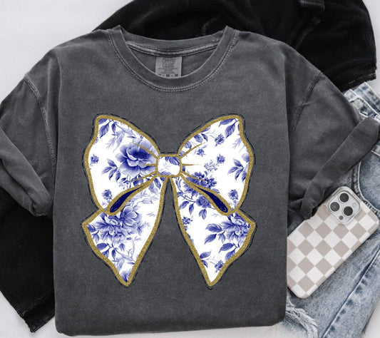 Navy Toile Coquette Bow ~ DTF Transfer