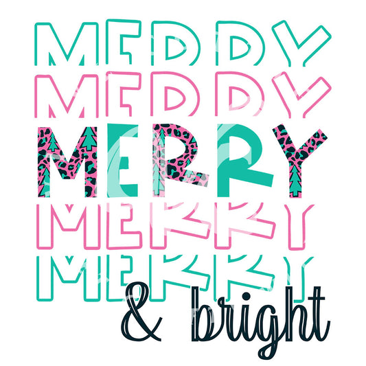 Merry and Bright Teal/Pink ~ White Ink Decal ~ WC037