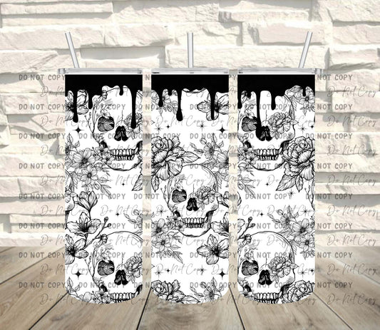 Black & White Floral Skull ~ Tumbler Wrap ~ TW03